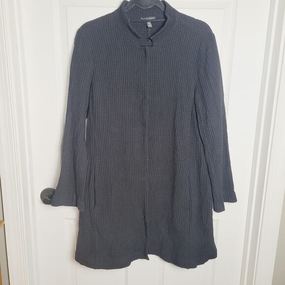 Eileen Fisher Jacket XL Black Waffle Textured Cardigan Long Snap Front Pockets - Picture 1 of 14